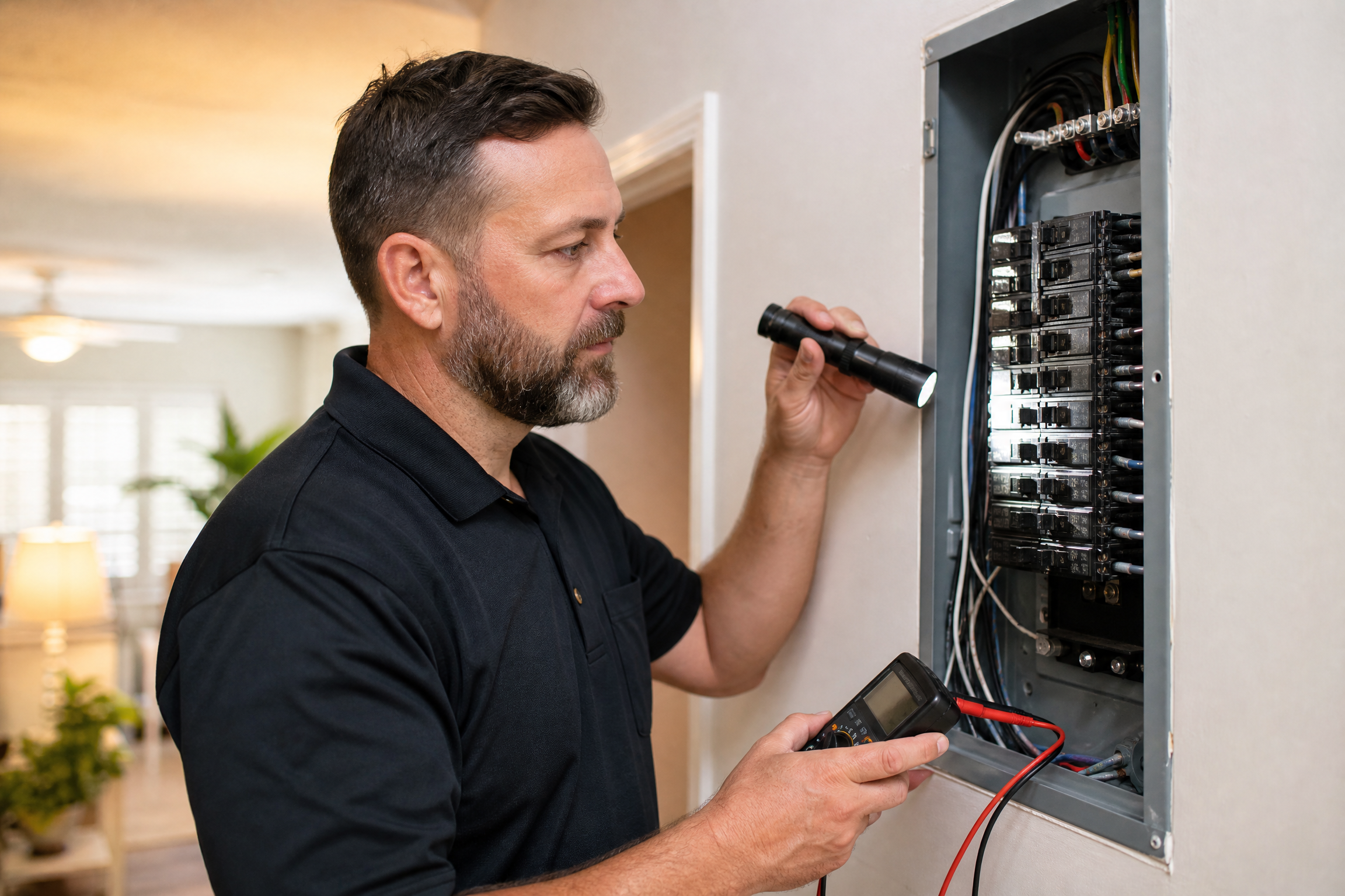 Inspector examining an electrical panel during a 4-point inspection